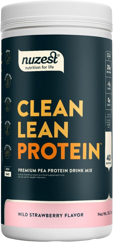 Nuzest - Pea Protein Powder - Čisti lean Protein, Premium Vegan Plant Based Protein Powder, Mlečni brez glutena, brez GSO, naravno sladkana, Wild Jagoda, 40 Serving, 2,2 lb