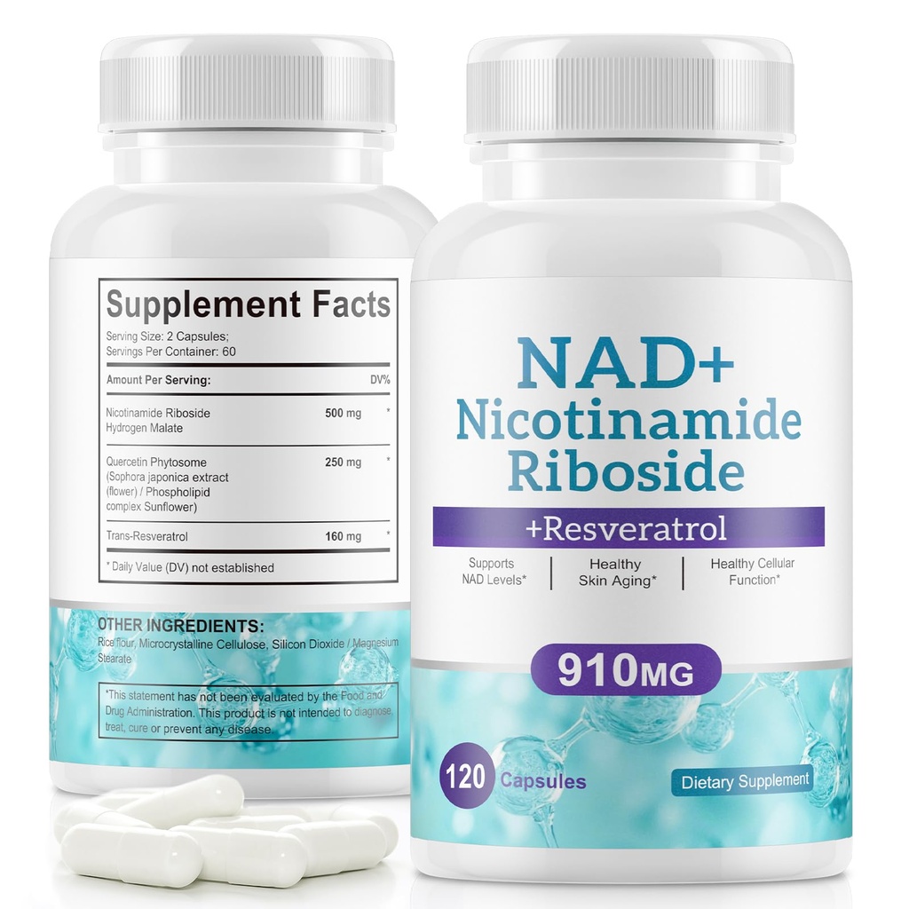 NAD+ Dodatna alternativa - liposomski nikotinamid ribozid - Resveratrol & Quercetin - Visoka čistost NAD dopolnila za preprečevanje staranja, fokus, energija 120 Kapsule