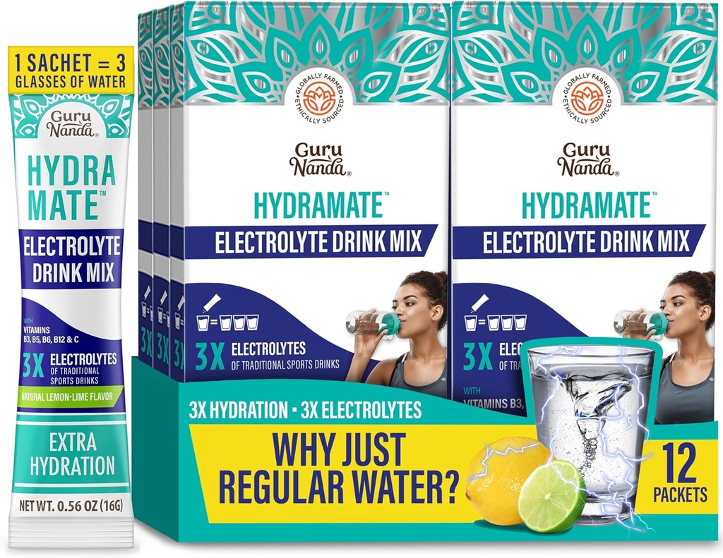 GuruNanda Hydramate Podpora Hidracija Drink Mix - Elektrolit Powder Packets za dehidracijo, vaje in energije - Brez dodanih sladil, Non-GMO, Naravni limonin limonin okus - 12 Število (0,56 oz vsak)