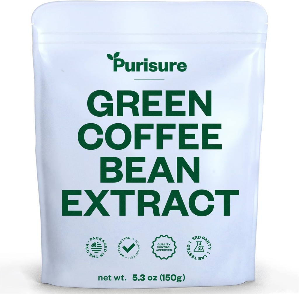 Purisure Green Coffee Bean Extract 150g, Zelena kava s klorogensko kislino, Razstrupljanje telesa in čiščenje za ženske in moške, Naravni apetit Supresivi za podporo Vitalnost in energijo, 750 Servisi