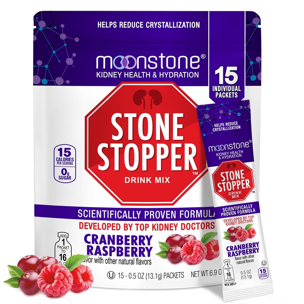 Moonstone Stone Stopper Drink Mix, Cranberry Malina, Ledvice Stone Prevention, Kalcijev oksalat Protector, ki so jih urologi razvili za izboljšanje hidracije in podporo zdravje ledvic, 15 dan dobave