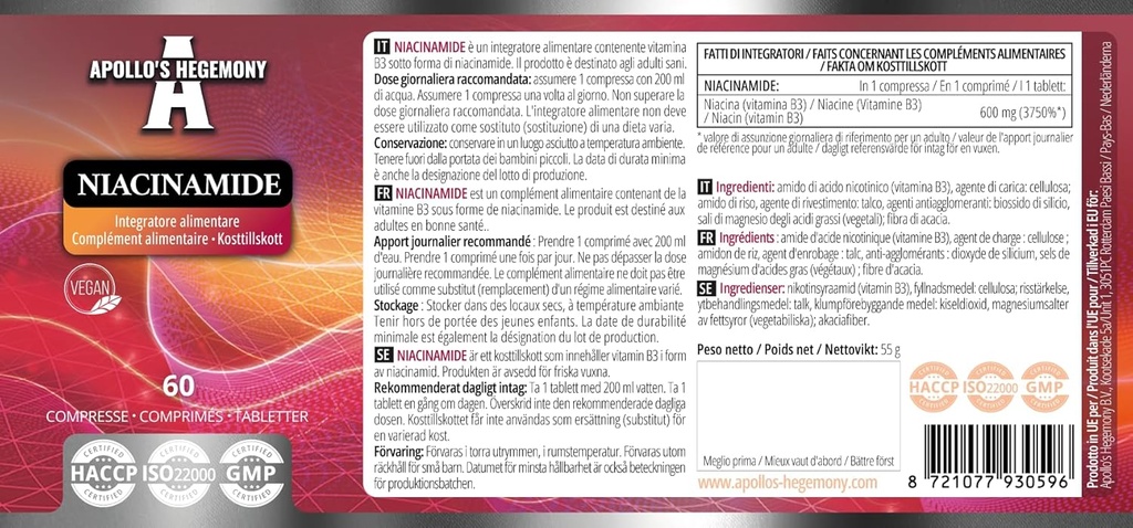 APOLLO'S HEGEMONY Niacinamid 500 mg na tableto - 60 Veganske tablete - 2 mesec dobave - Podpira energijo in živčno funkcijo - Vitamin B3 prehranska dopolnila