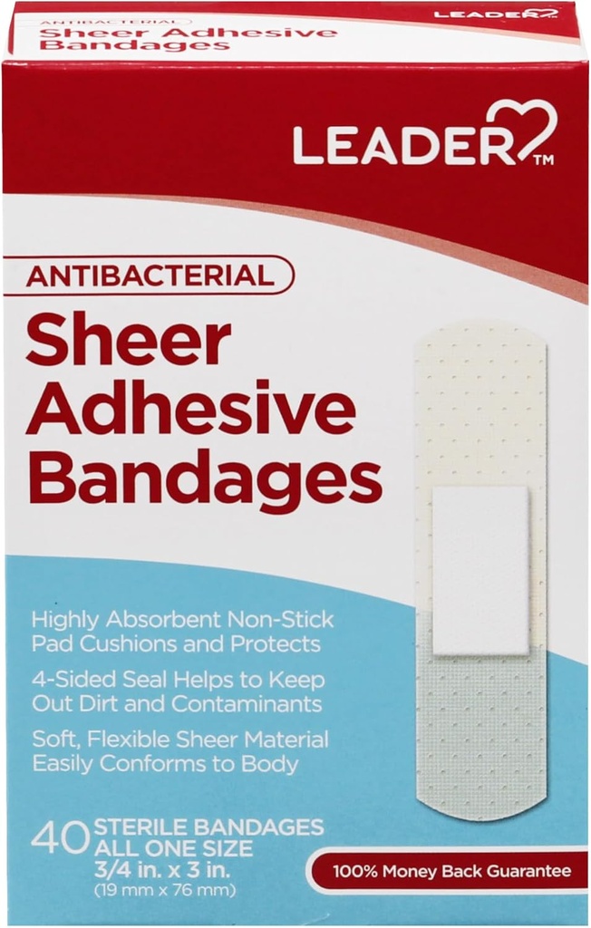 LEADER Sterilne Sheer Adhesive Bandages, Latex prost, Mešanice s kožo, pomaga preprečiti okužbo, Udobna zaščita za prvo pomoč in zdravljenje ran (3/4" x 3", 40 grof)
