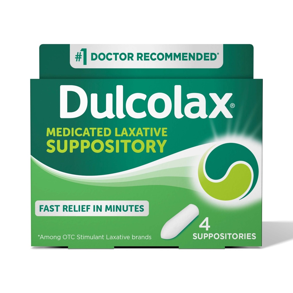 Dulcolax Stimulant Medicative Medicative Suppositorys, Predvidljivo in učinkovito zaprtje Relief, Bisacodil 10 mg, 4 Število