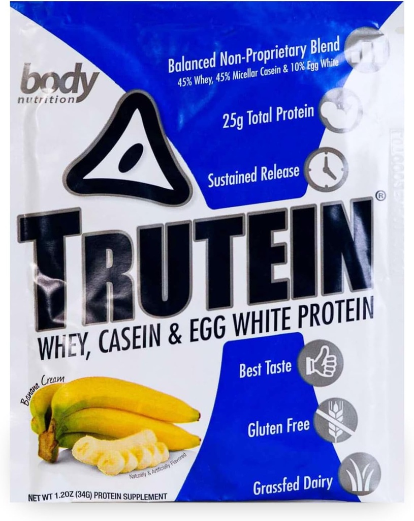 Body Nutrition Trutein Visoke beljakovine v prahu: 45% Whey, 45% Kazein, 10% Jajca bela, Gluten-free, nizko natrij, Grass Fed Whey Protein Powder, Gym Supplement & Breakfast Shake, Banana krema, 34g Vzorec