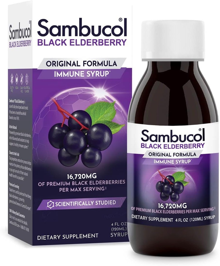 Sambucol Black Elderberry Syrup - Sambucus Elderberry Syrup, Black Elderberry Liquid, Imunska podpora, Elderberry Syrup za otroke in odrasle, Visoki antioksidanti, Gluten Free - Original Formula, 4 Fl Oz