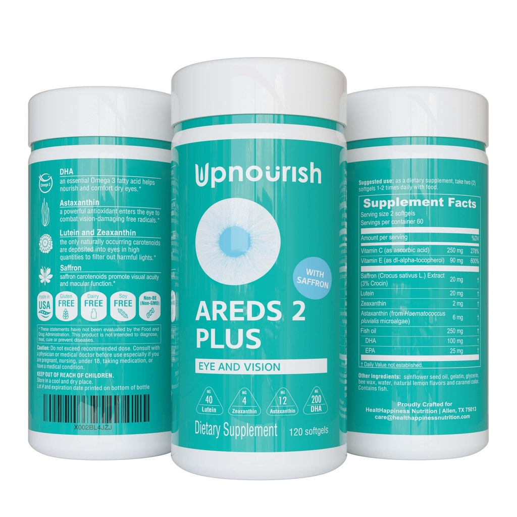 Upnurish AREDS 2 Plus Eye Vitamin dopolnilo, AREDS 2 Cinkov prosti Formula z Lutein, Zeaksantin, Saffron, Astaksantin & DHA - 120 softgels