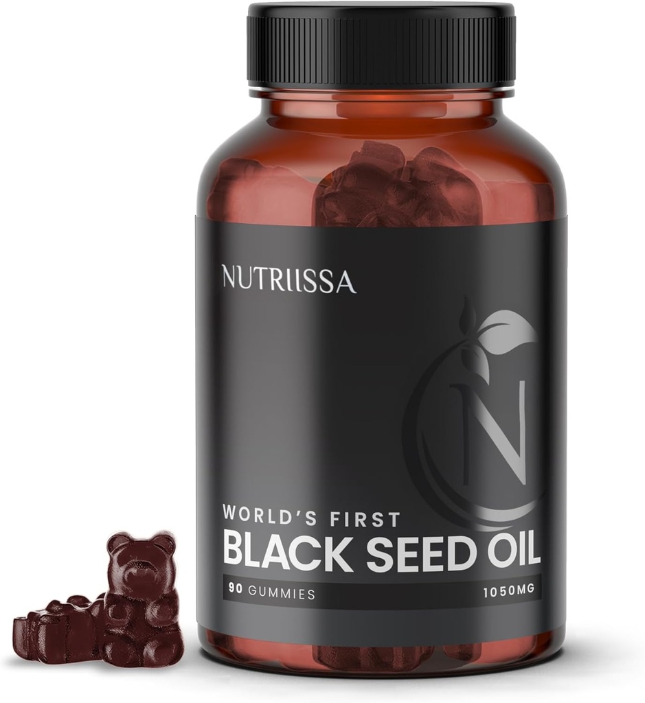 Nutriissa Black Seed Oil + Elder Berry Gummies – Cold-Presed Black Cumin Seme Nigella Sativa Oil – EPEB Certified for Purity & Potency – 90 Borovnice arome Vegan Gummies