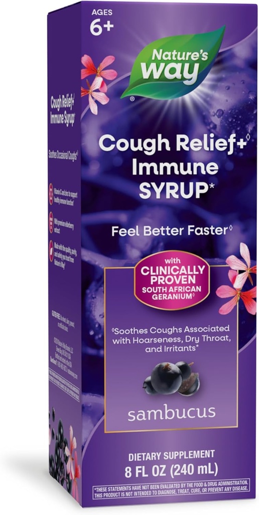 Naravna pot Sambucus kašelj Relief +(1) Imunski sirup*, Feel Better Hitrejši(1), Klinično dokazano južnoafriški geranij, z Elderberry Extract, Vitamin C & cink, 8 Oz (Packaging May Vary)