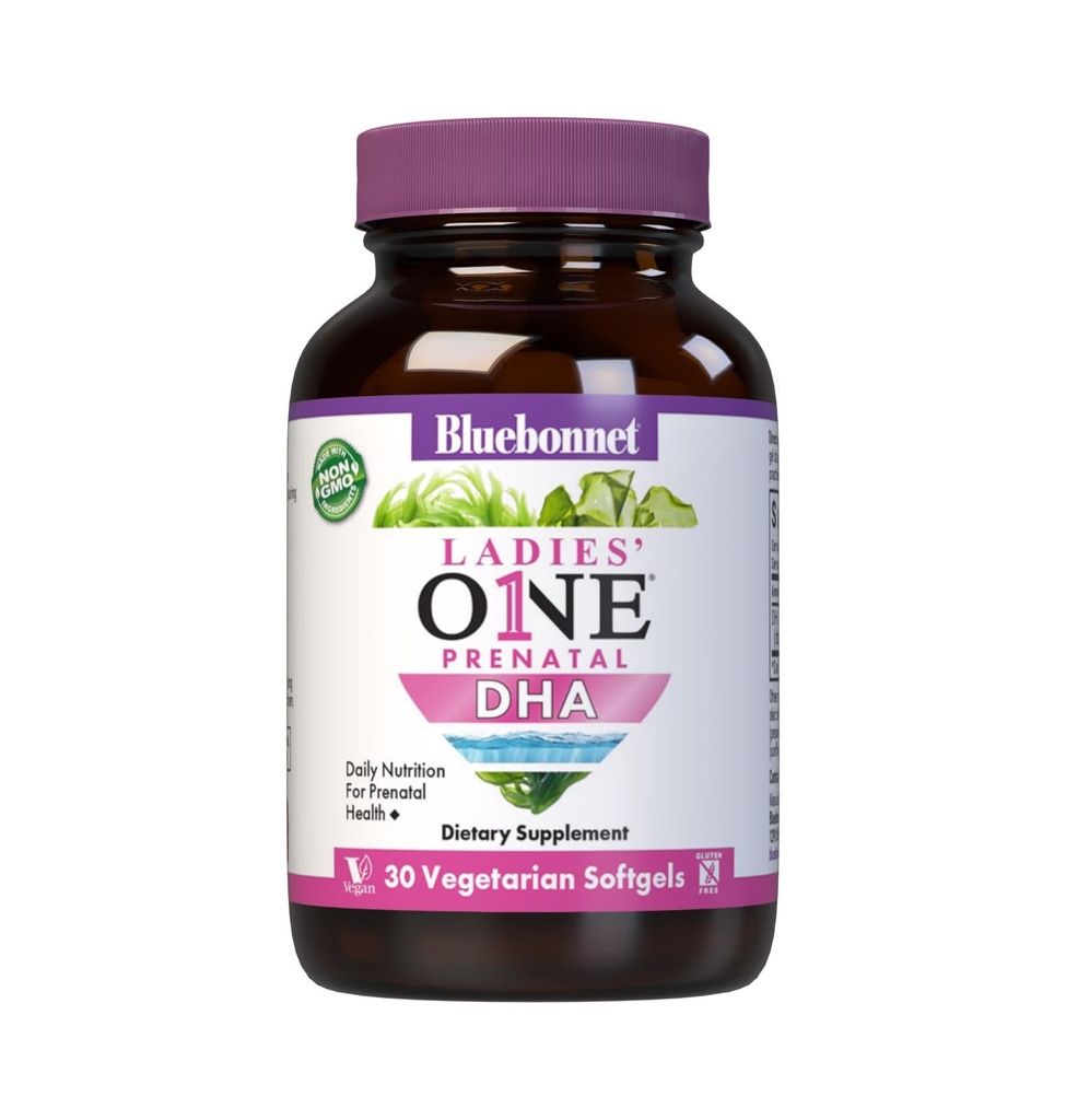 Bluebonnet Nutrition Ladies' One Prenatal DHA, Daily Nutrition for Prenatal Health*, Non-GMO, Vegan, Gluten-free, 30 vegetarijanski softgels, 30 Servings
