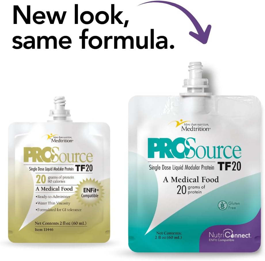 Medtrition NutriConnectTM ProSource® TF20 – ENFit® kompatibilni modularni beljakovinski dodatek za hranjenje cevi – 20g tekoči beljakovin v 60mL vrečki – podpira Aspen Guidelines & ICU Nutrition
