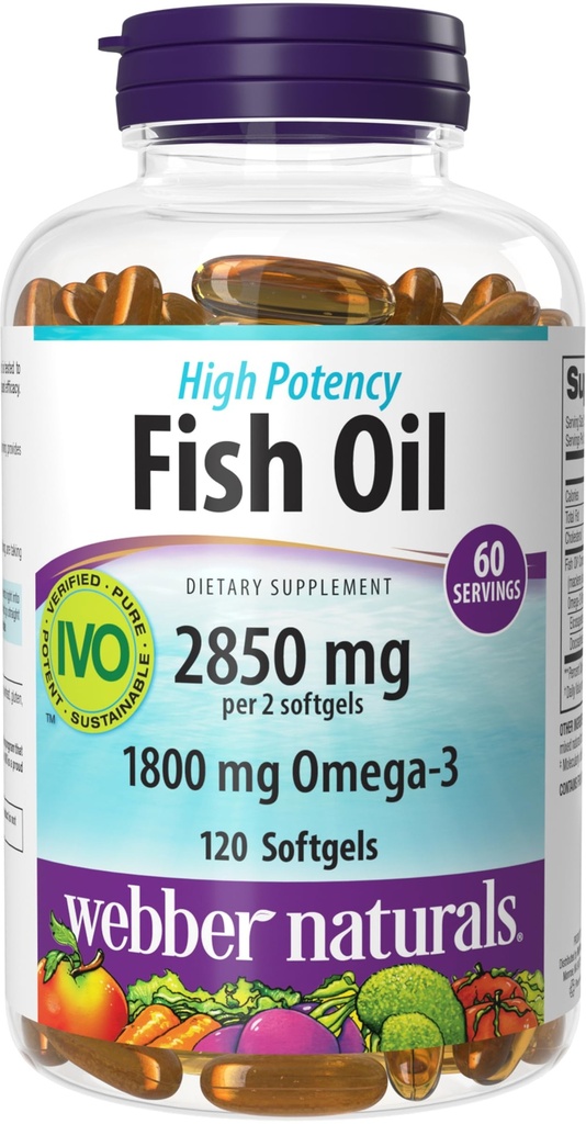 Webber Naturals Ribje olje 2850 mg, Visoka moč, 1.800 mg Omega-3 na strežbo, 120 Jasno Enteric softgels, Brez ribjega pookusa, Ultra-pooblaščena, Podpira srce, kognitivne, in skupno zdravje