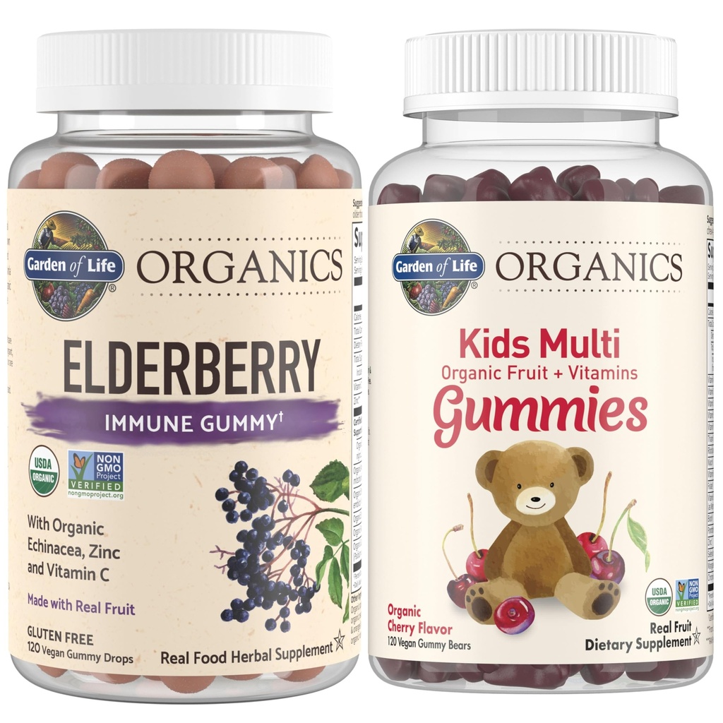 Vrt življenja Organics Kids Immune Bundele – Elderberry Immune Support Gummies (120 Count) + Certified Organic Kids Multivitaminski Gumies, Non-GMO, Gluten Free, Cherry (120 Count)