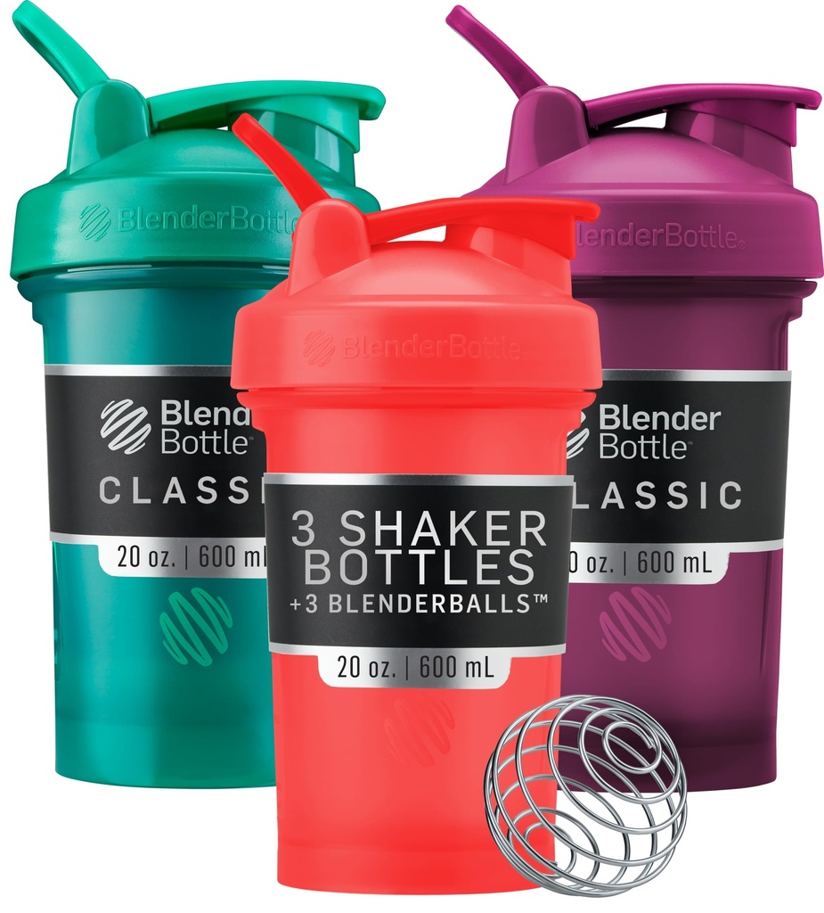 BlenderBottle Classic V2 Shaker steklenica kot nalašč za beljakovinske Shake in pred vadbo, 20-ounce (3 pakiranje), rdeča, zelena, Plum