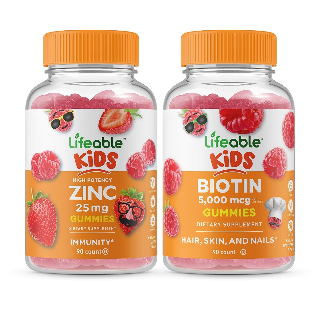 Življenjski cink 25mg Otroci + Biotin Otroci, Gummies Bundle - odličen okus, Vitamin dodatek, Gluten brezplačno, GSO brezplačno, Žvečljivi gumi