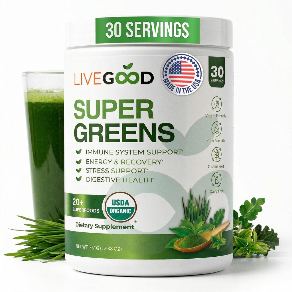 LiveGood Super Greens Powder Organic Superfood with Wheat Grass Powder, Daily Superfood Powder for Imun Support, Energy and Detox, Green Juice Powder Supplement (30 strežb), 12.38 Oz