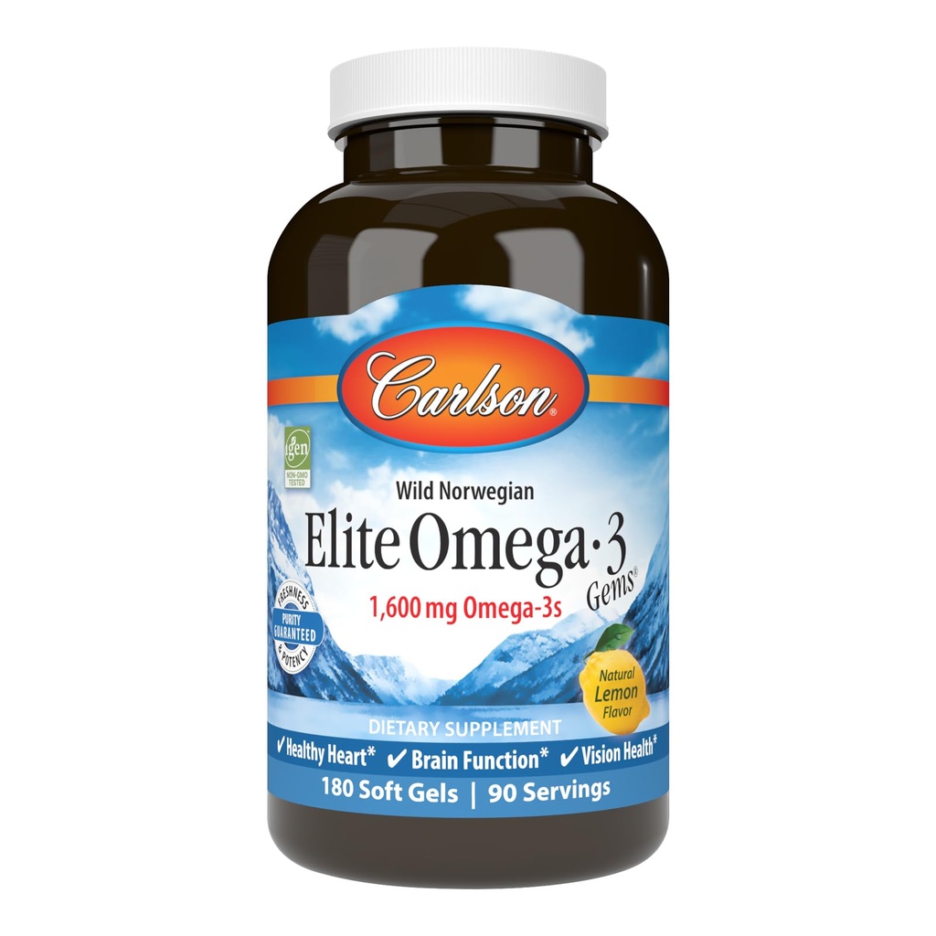 Carlson - Elite Omega-3 Gems, 1600 mg Omega-3 Vključno z EPA in DHA, Norvežan, Wild-Caught ribje olje dodatek, Trajno izvorno, Lemon, 180 Softgels