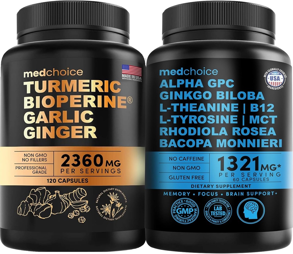 MEDCHOICE Turmeric & Ginger (120ct) in Nootropic Brain (60ct) dodatek Bundele - Wellness Duo za skupno, Digestion, Brain, & Mood Podpora - Vegan, Ne-GMO, Gluten-free