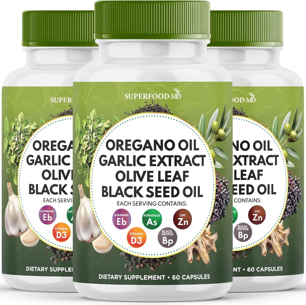Origano Oil Česen Extract Olive Leaf Black Seed Oil Astragalus - Imunska podpora dodatek za ženske in moške- 180 Count