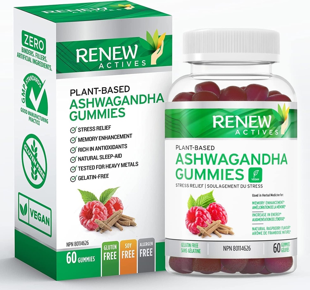 Renew Actives Ashwagandha 100MG na 4 Gumies – Memory, Focus & Energy Boost – Tradicionalno uporabljena kot pomlajevalni Tonik – Vegan, Herbal Adaptogen – Made in Canada – 60 Gummies