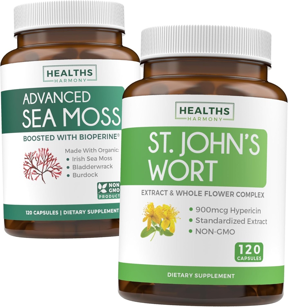 Sea Moss & St. John's Wort (2-mesečna zaloga) Mood Moss Mešanica - Organic Ireland Sea Moss - Raw Vegan Supplement (120 kapsul) & St John's Wort z močno 900mcg Hypericin Vegan Non-GMO (120 kapsul)