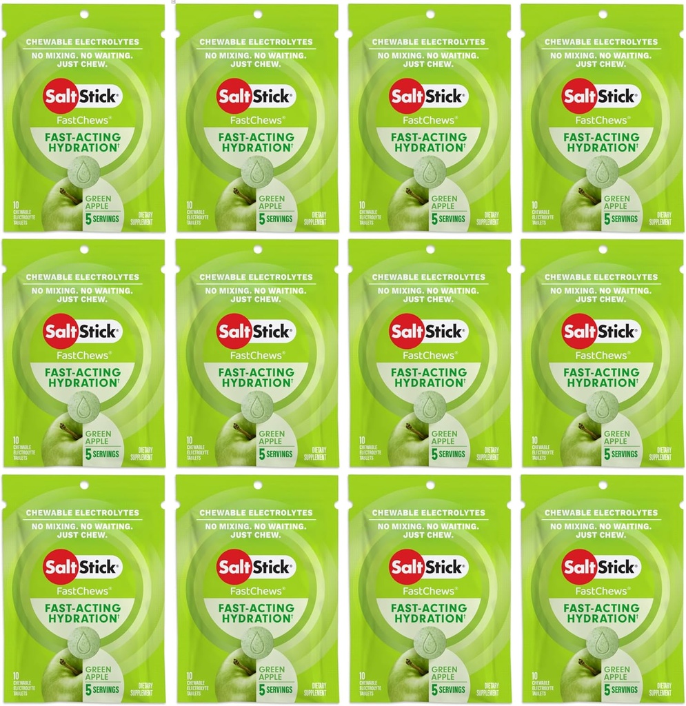 SaltStick Electrolyte FastChews - 120 Count Green Apple Flavor - Electrolyte tablete za hidracijo, Salt Tabs - 10 Count (Pack of 12)