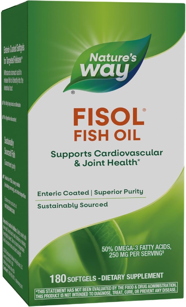 Narava način Fisol ribje olje, Enteric Coated, Podpira kardiovaskularno in skupno zdravje*, Mega Potence Omega-3s, 180 Mehkužci (Packaging May Vary)