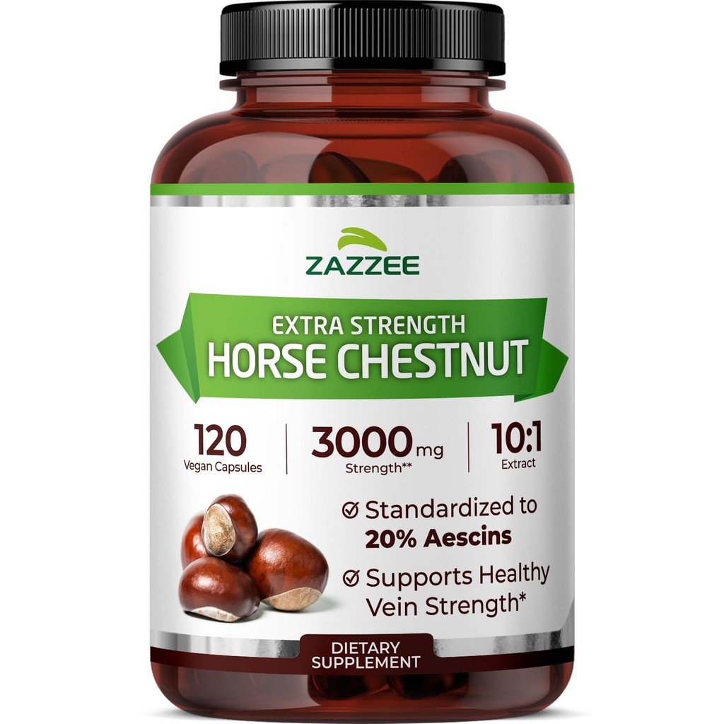 Zazzee Extra Strength Horse Chestnut 10:1 Extract, 3000 mg Jakost, 20% Aescins, 4 mesec dobave, 120 Veganske kapsule, koncentrirani in standardizirani 10X ekstrakt, vse naravno, ne-GMO, Izdelano v ZDA