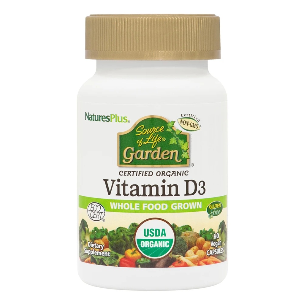 Natures Plus Vir življenja Vrt Certified Organic Vitamin D3 - Cholekalciferol 5000 iu, 60 Veganske kapsule - Polna hrana rastlin na osnovi dodatka - vegetarijansko, Gluten-free - 30 Servinges