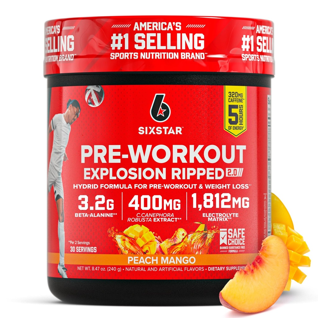 Six Star Pred-World Explosion, Peach Mango (30 strežb) - Preworkout Energy Powder Supplement for Men & Women - Pre-workout Drink Mix with Creatine & Beta Alanine - Športna prehrana