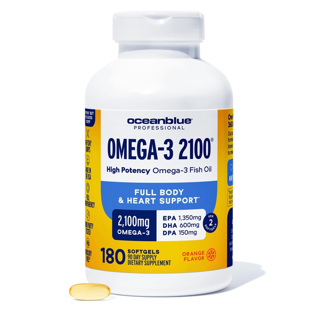 Oceanblue Professional Omega-3 2100 – 180 ct – Triple Strength Breast Fish Oil dodatek z visoko potencial EPA, DHA, DPA – Wild-Caught – Orange Flavor (90 Servings)