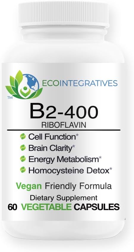 B2-400 Čisti riboflavin - zdravje živčevja, homocistein Detox, kardiovaskularni, pomaga povečati energijo, mentalno jasnost, presnovo in delovanje celic (60, brez arome)