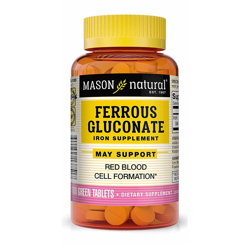 Mason Natural Ferrous Gluconate - podpira nastajanje rdečih krvnih celic, nežna na Železo Stomach dodatek, 100 tablet