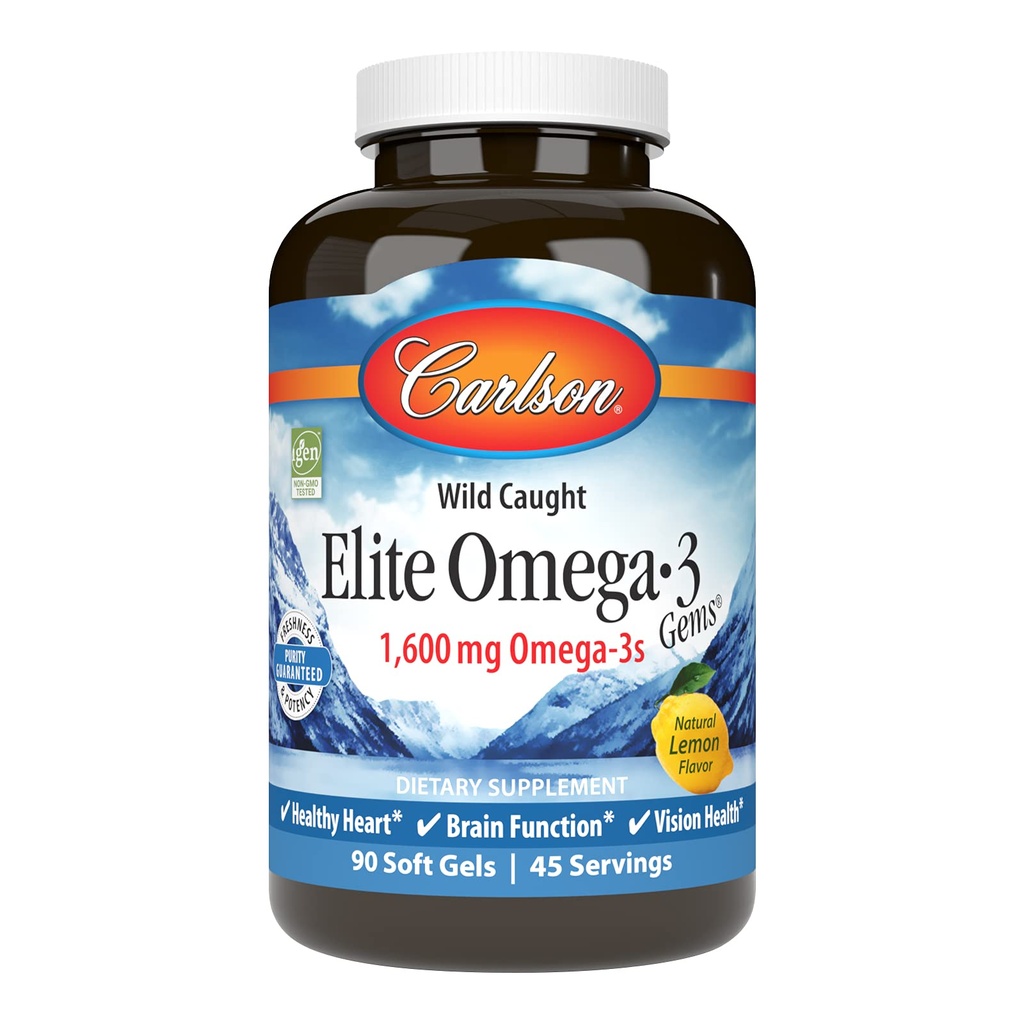 Carlson Elite Omega-3 Gems, 1600mg Omega-3s z EPA & DHA, Divji ulov norveškega ribjega olja, limonina aroma, 90 Softgels