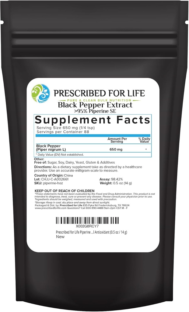 Predpisano za življenje Piperin v prahu, 95% Black Pepper Extract Prašek, povečuje absorpcijo hranil, Gluten prost, Vegan, Non GSO, Naravni antioksidant (0,5oz / 14g)