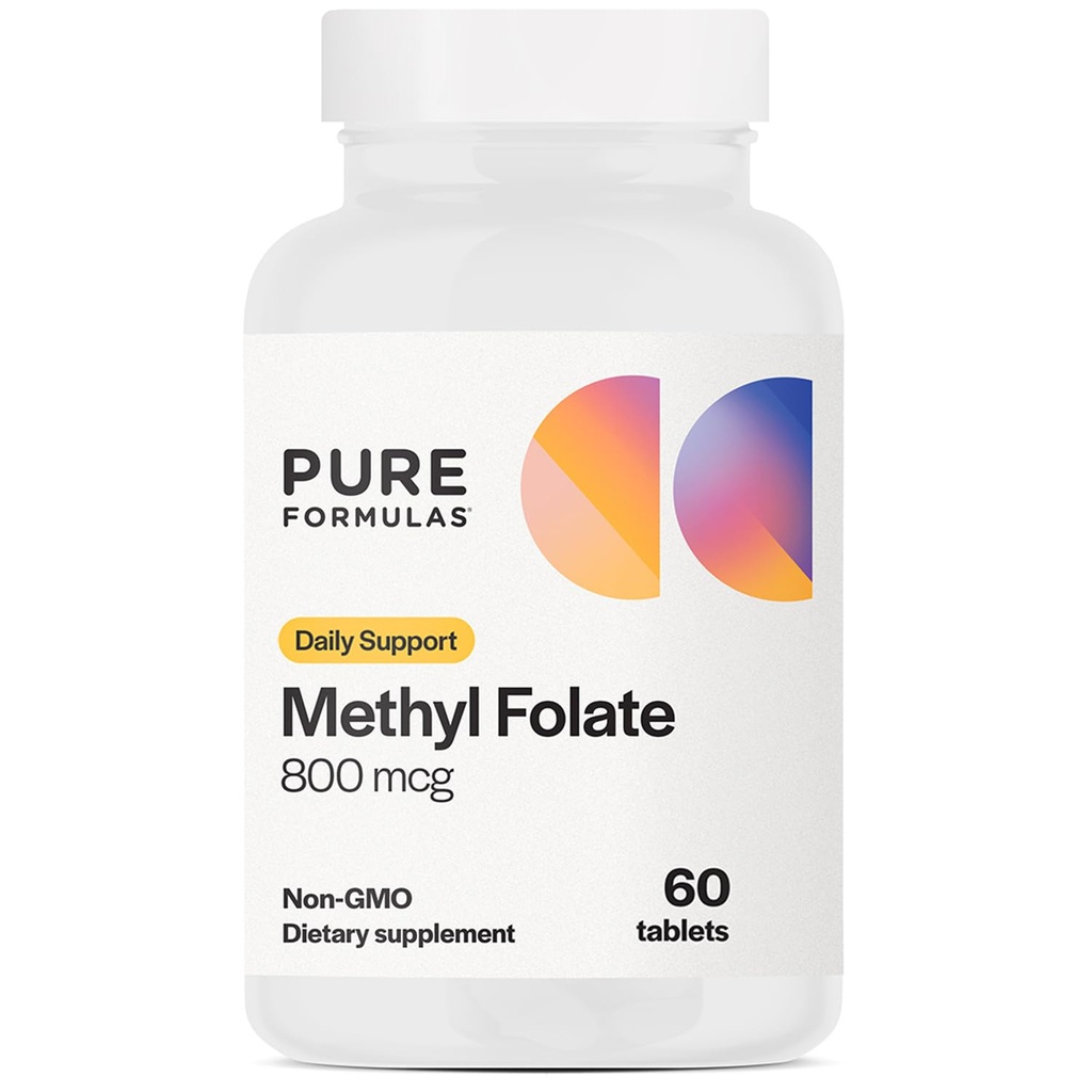 PureFormulas Metilfolate 800 μg – Aktivna B9 (5-MTHF) za kardiovaskularno, živčno in razpoloženjsko zdravje, ne- GMO vegetarijanske tablete, 60 število