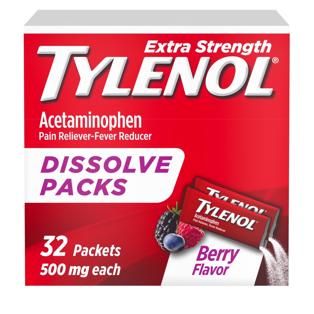 Tylenol Extra Jakost Raztopimo praška pakiranja, 500 mg Acetamofen Pain Reliever & Fever Reducer Medicine, Hitra pomoč za manjše bolečine in bolečine, Ibuprofen- & Aspirin-free, On-the-Go Berry Flavor, 32 Ct