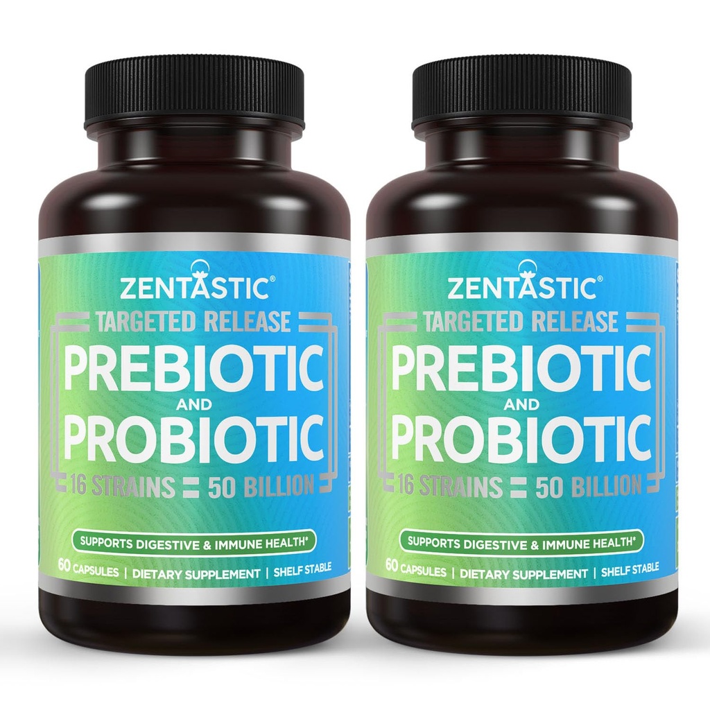 Zentastic Probiotics & Prebiotics Supplement - 50 milijard CFU - za moške in ženske Imunsko in prebavno zdravje - 16 sevi - povoj Stable - 120 Zapoznelo sproščanje Veggie kapsule