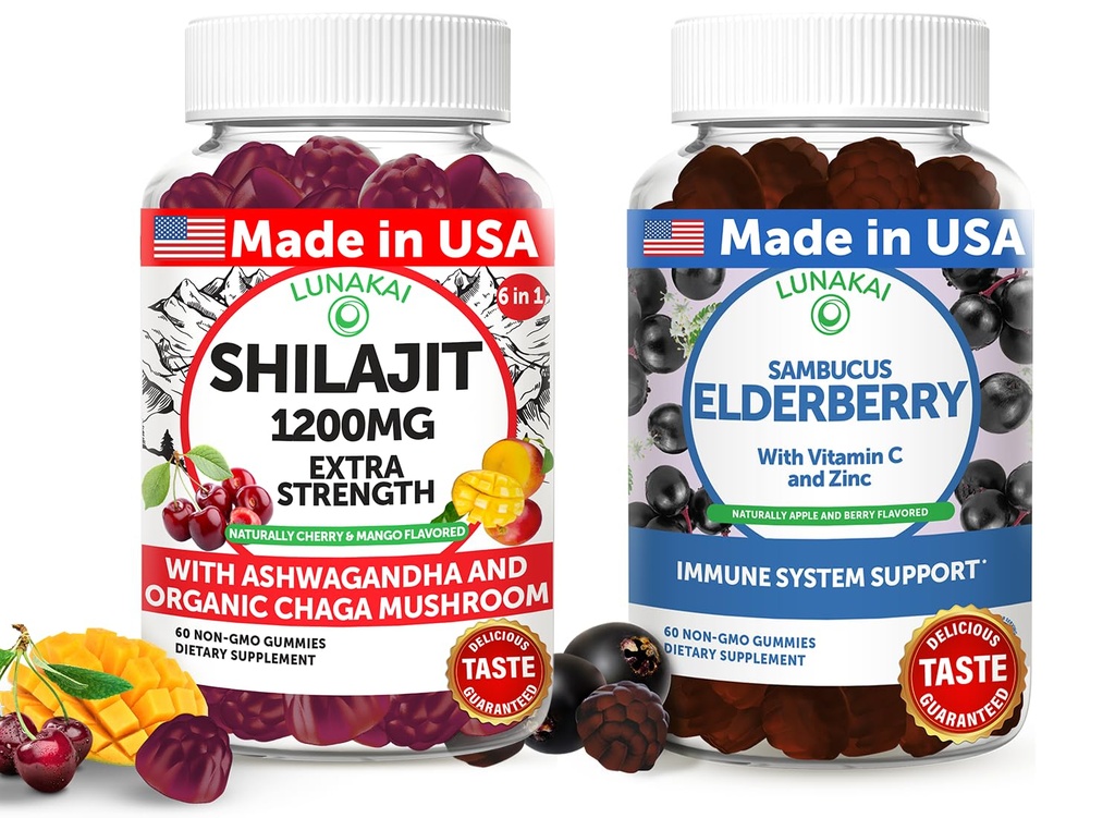 Lunakai USA Made Shilajit & Elderberry Gummies Bundele – Energija in imunske podpore – Non-GMO & Delicious