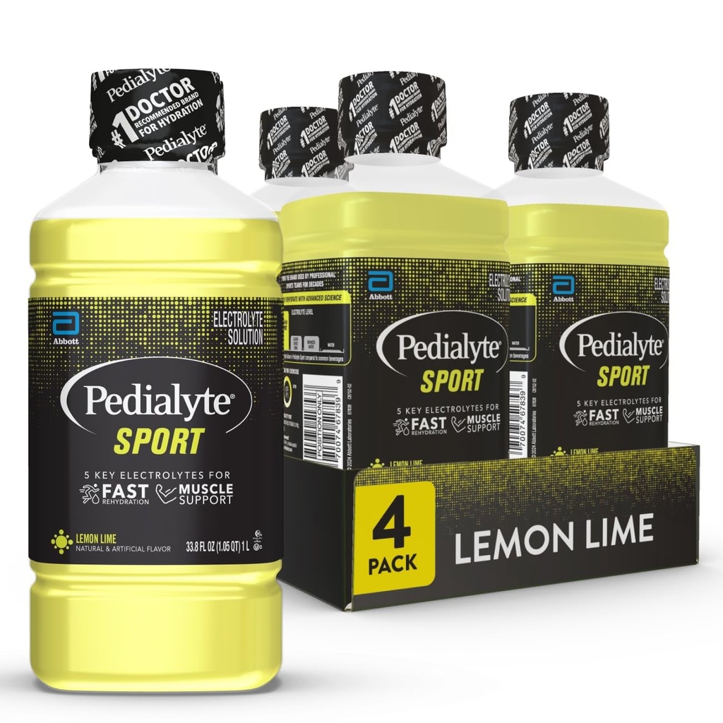 Pedialyte Sport Elektrolitsko pijačo, hitro hidracijo s 5 Ključ elektroliti za podporo mišic pred, Med, & Po vadbi, limona lime, 1 Liter, Pack po 4