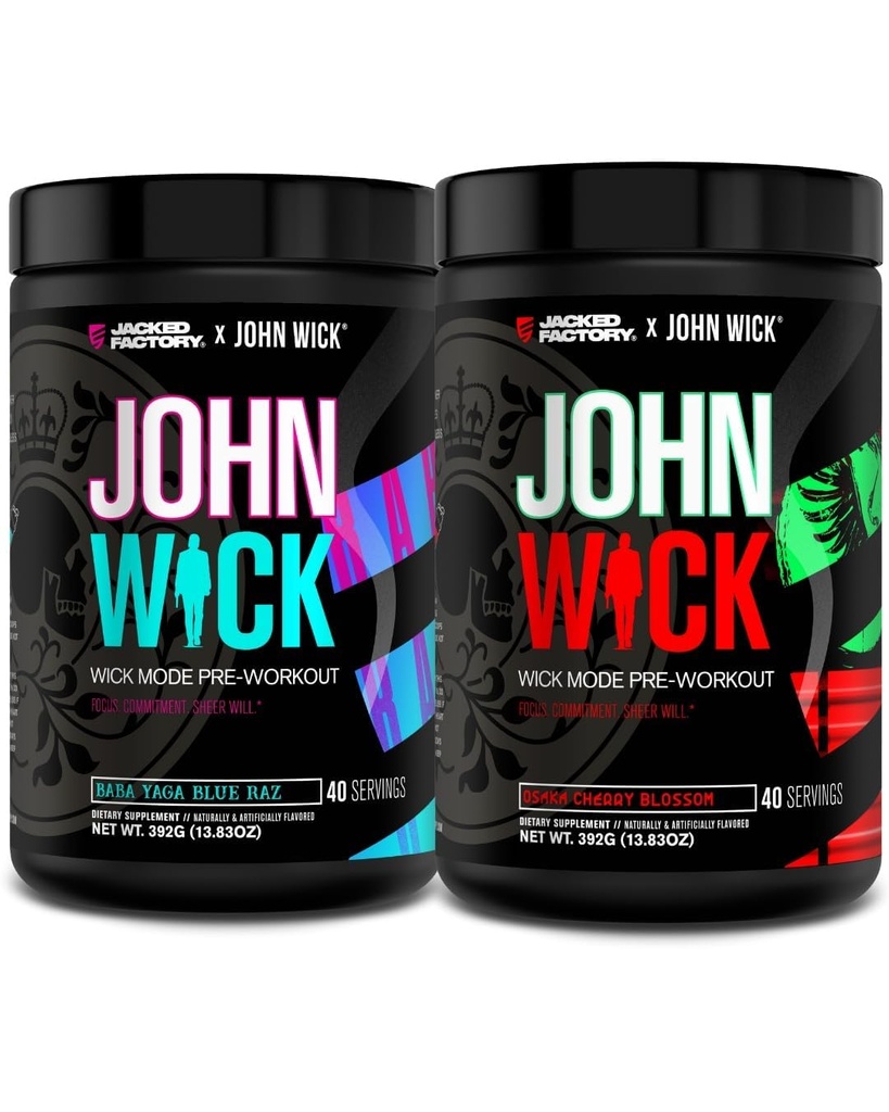 Jacked Factory X John Wick - Wick Mode Pre Workout Powder - intenzivna energija, bojno pripravljen fokus, neustavljiva zaveza in čista volja - Baba Yaga Blue Raz & Osaka Cherry Blossom (80 strežb)