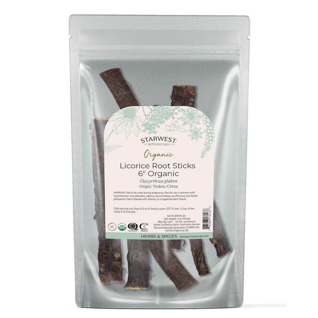 Starwest Botanicals Organic Sushed Licorice korenske palice 6" - Herb za Loose Leaf čajne mešanice, Candy, & Pečene dobrine, cut & Sifted, Certified Kosher, Non-GMO - 4 oz Pouch