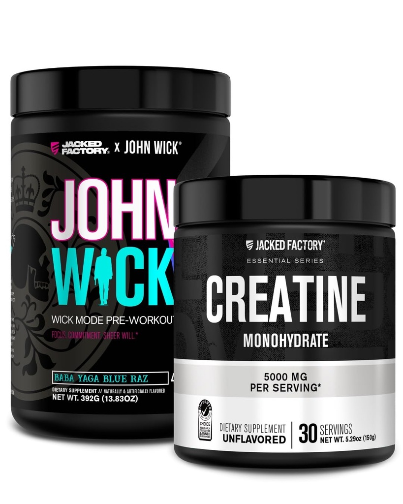 Tovarna jacked X John Wick - Wick Mode Pre Workout Powder (Baba Yaga Blue Raz, 40 Serving) & Kreatin monohidrat v prahu (nearomatiziran, 30 Serving)