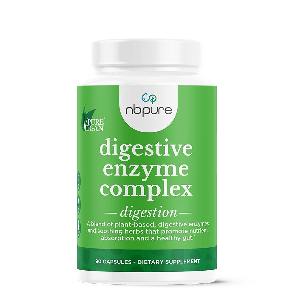 Nbpure Vegan Prebavni Enzyme Complex – Dnevno napenjanje, Plin, & Hrana Prebavna podpora za ženske in moške – 12 Enzymes & 3 Zelišča – Laktaza, Proteaza, Lipaza, Ginger, Cimet, Peppermint + Več