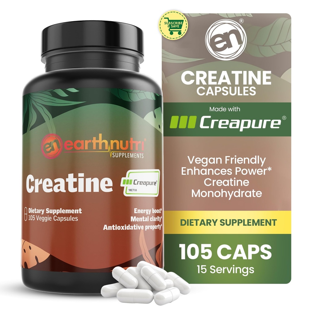 EarthNutri Kreatin monohidrat Kapsule - mikronizirane za boljšo absorpcijo - podpira mišično moč, moč in regeneracijo - 105 kapsul (5000 mg na odmerek, 7 kapsul)