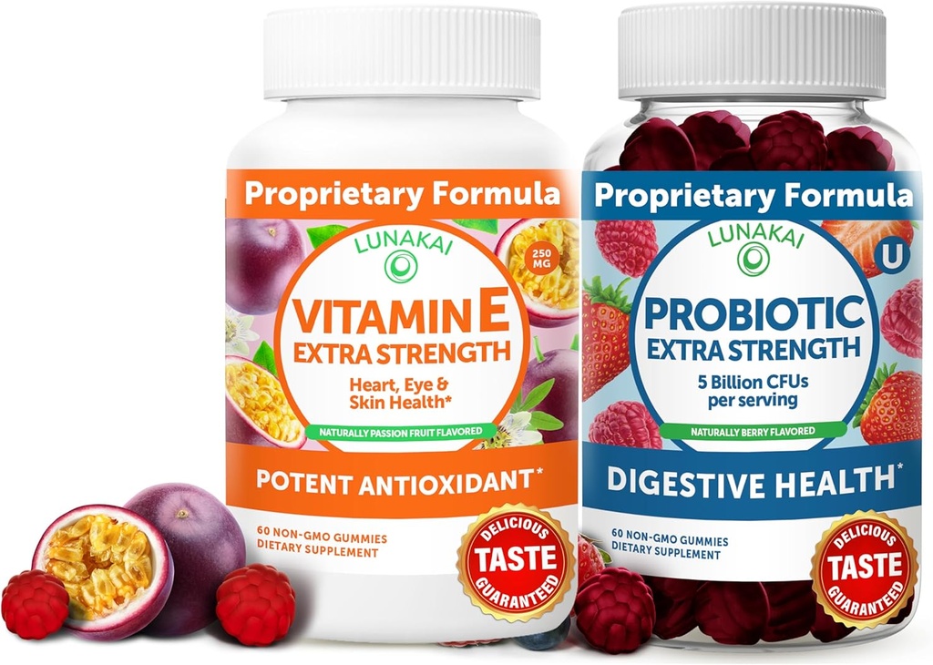 Lunakai Vitamin E in Probiotic Gummies Bundle - 3000 mcg Gummies za odrasle Energetska podpora - s 5 milijardami CFU na služijo za prebavno zdravje - Non-GMO, All Natural