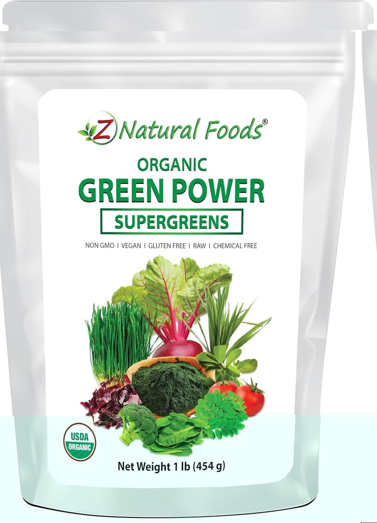 Z Natural Foods Organic Greens Superfood Powder - Ječmen trava, pšenična trava, Spirulina, Spirulina, Špinača, Brokoli, Alfijev list, Pesa koren, paradižnik, Dulse & Moringa - Raw Vegan Gluten Free - 1lb