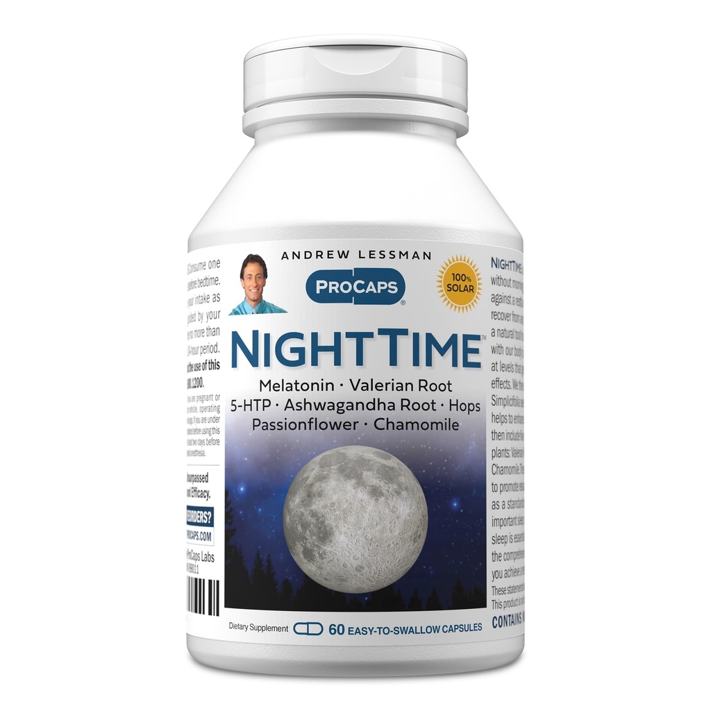 ANDREW LESMAN Night Time 60 Kapsule - 3mg melatonin, Valerian, Ashwagandha, Pasijonka, Hops, Kamilica. Brez jutranjega godrnjanja. Naravna podpora, nežen miren spanec. Kapsule zlahka pogoltnete