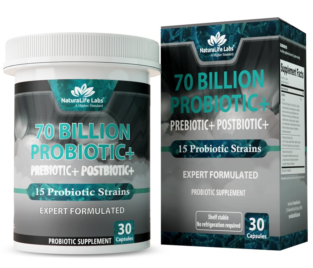 NaturaLife Labs Probiotiki 70 milijard CFU – 15 sevov z organskimi prebiotiki in postbiotiki – 3- v-1 formula – 30 veganskih kapsul