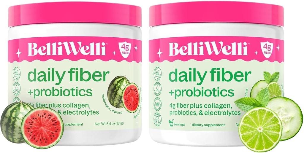 Belli Welli Daily Fiber Supplement Bundele - Cucumber Limete Mint & Watermelon - s kolagen, probiotiki in elektroliti - osvežilne okusi Wellness, 32 Total Servings